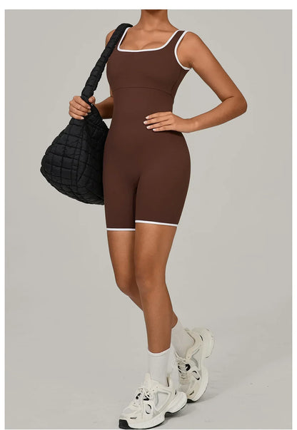 Women Color Blocked Yoga Jumpsuit Sleeveless Romper Elastic Quick Drying Fitness Workout Sportswear One-Piece Short Yoga Clothes