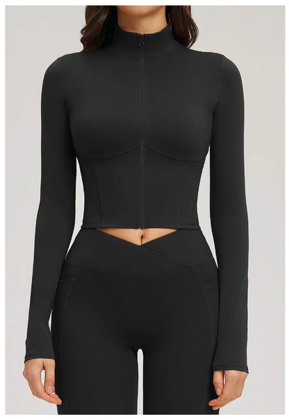 Yoga Long Sleeve Zipper Jacket Women Crop Tops T-shirts Solid Sports Top Running Shirts Sexy Quick Dry Fitness Gym Sport Wear