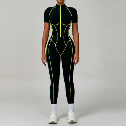 Gym Set Women Training Yoga Suit Sportswear Women Short Sleeves Sports Jumpsuit Fitness Rompers Zipper Push Up Workout Bodysuits
