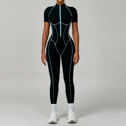 Gym Set Women Training Yoga Suit Sportswear Women Short Sleeves Sports Jumpsuit Fitness Rompers Zipper Push Up Workout Bodysuits