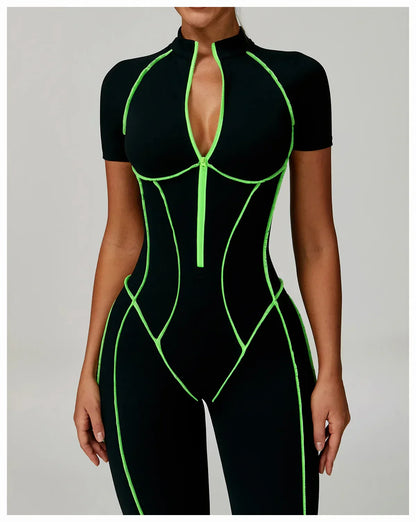 Gym Set Women Training Yoga Suit Sportswear Women Short Sleeves Sports Jumpsuit Fitness Rompers Zipper Push Up Workout Bodysuits